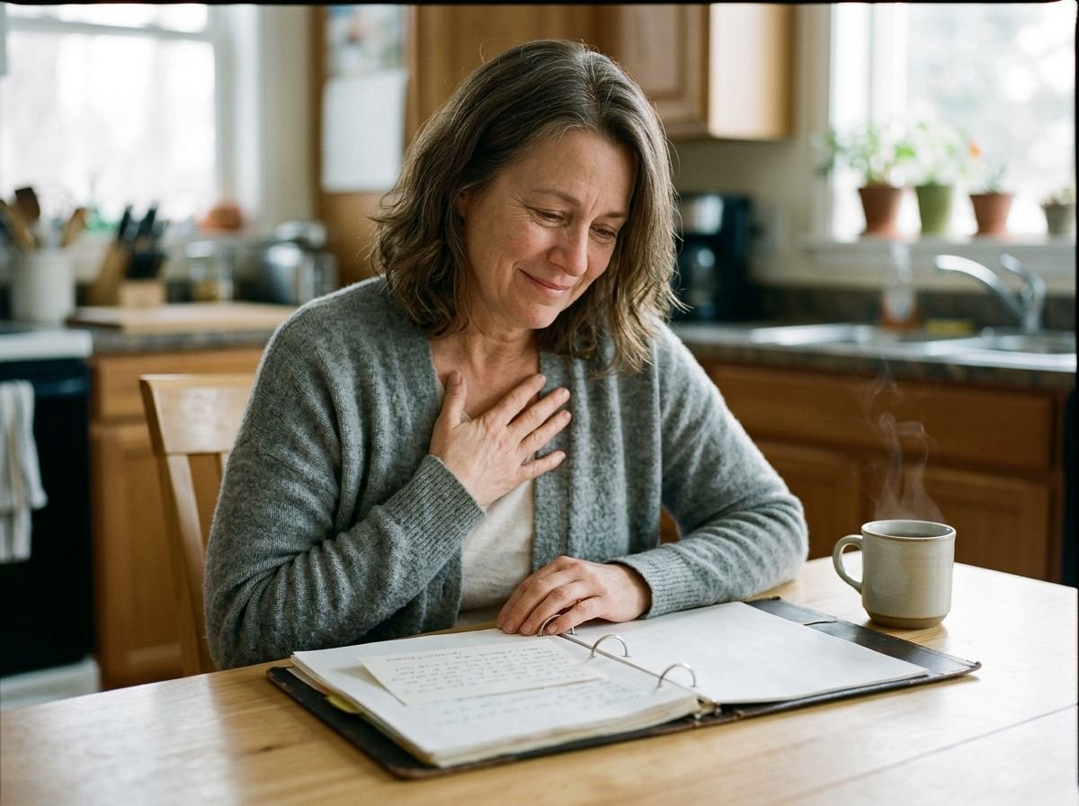 A woman calmly opening a labeled binder with a handwritten note on top